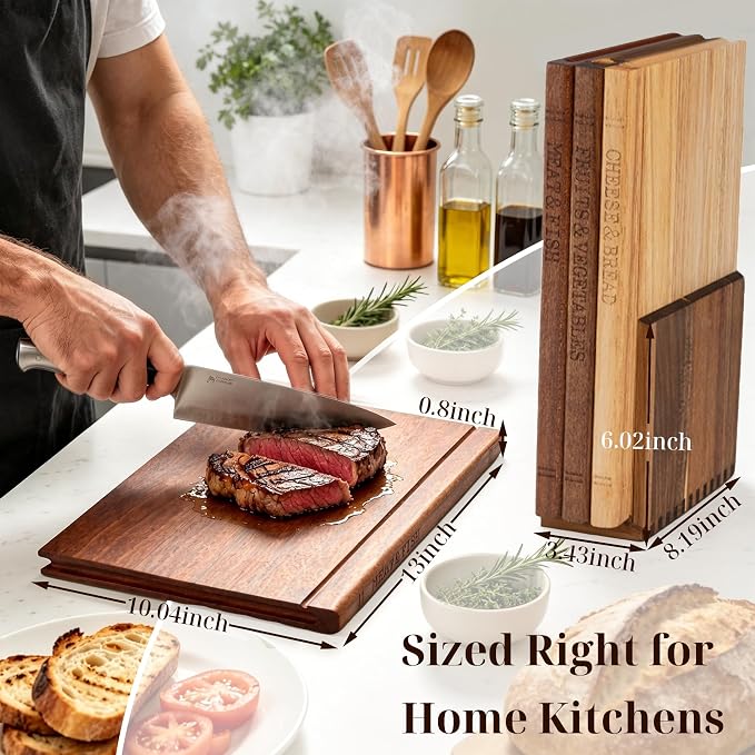 Book Cutting Board Set with Wooden Stand for Home Cooks | 3 Labeled Boards for Fruits Veggies,Meat Fish,Bread Cheese Organized Prep,No Cross Contamination - Image 7