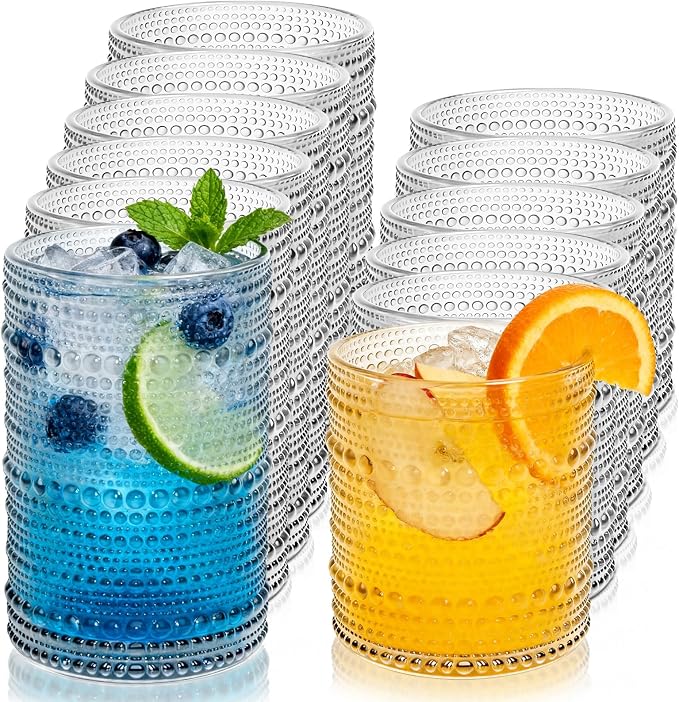 Vintage Hobnail Drinking Glasses Set of 12, 12 Oz Highball Glasses and 10 Oz Cocktail Glasses, Kitchen Glassware Set, Clear Drinking Glass Cups for Cocktail, Whiskey, Beer, Juice, Water, Milk by GGOLDMER