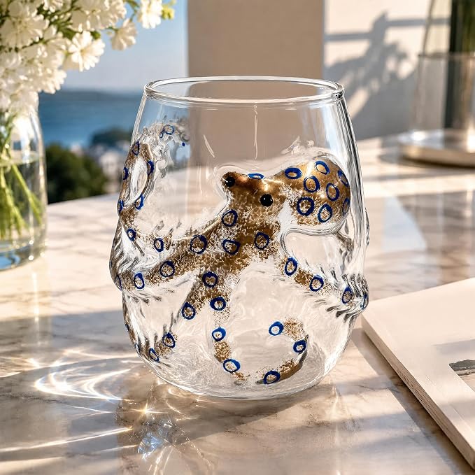 Artisanal Blue Ringed Octopus Glassware, 3D Octopus Stemless Wine Glasses | Handcrafted Marine Animal Bar Glass Collection, 12oz Octopus Drinking Cup for Cocktail, Ocean-Themed Coastal Home Decor Gift by Unknown
