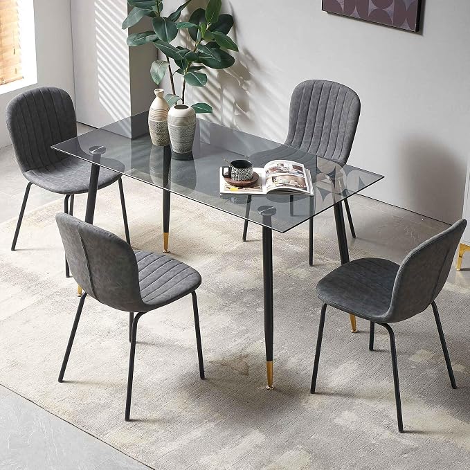Dining Chairs Set of 4, Modern Mid Century Faux Leather Dining Room Chairs with Black Metal Legs, Comfortable Armless Side Kitchen Chair for Home, Living Room, Bedroom, Restaurant, Dark Grey - Image 6