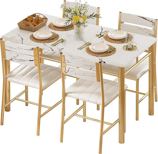 IRONCK Dining Table Set for 4, White & Gold | Wood Kitchen Table with Upholstered Chairs for Kitchen Room and Small Spaces by IRONCK