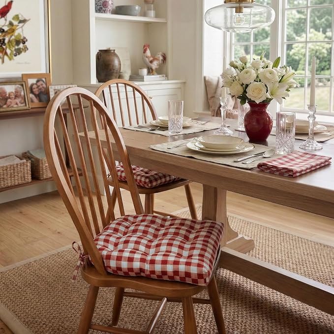 Barnett Home Decor Dining Chair Cushions with Ties – Size Small 15 x 17 - Latex Foam Fill, 100% Cotton, Machine Washable Chair Pads for Kitchen Chairs, Made in USA (Classic Check Red/Pack of 2) - Image 2
