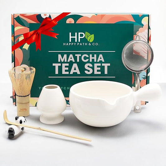 HAPPY PATH & CO Matcha Whisk Set – 6 Pcs Matcha Tea Set Includes Bamboo Whisk(Chasen) with Holder, Bowl with Spout,Sifter,Scoop & Stand | White Matcha Making Kit - Perfect Matcha Set for Matcha Lovers