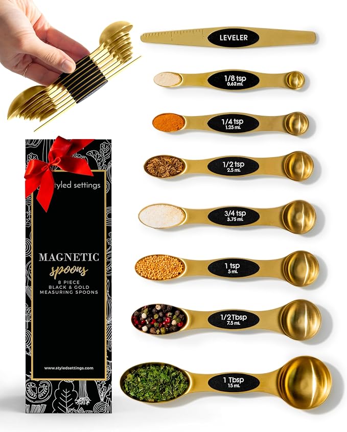 Styled Settings Magnetic Measuring Spoons Set, Gold | Stainless Steel Gold Measuring Spoons for Cooking and Baking - Cute and Durable Gold Kitchen Accessories - Great for Gifting by STYLEDSETTINGS