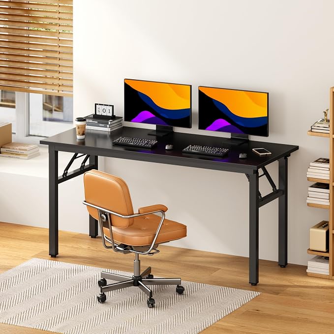 DlandHome 59.8 Inch Large Folding Computer Desk, Fully Assembled, Black | Foldable Writing Table, Portable Activity Conference Table for Home Office, Wood Top Metal Frame, Collapsible Easy Storage - Image 2