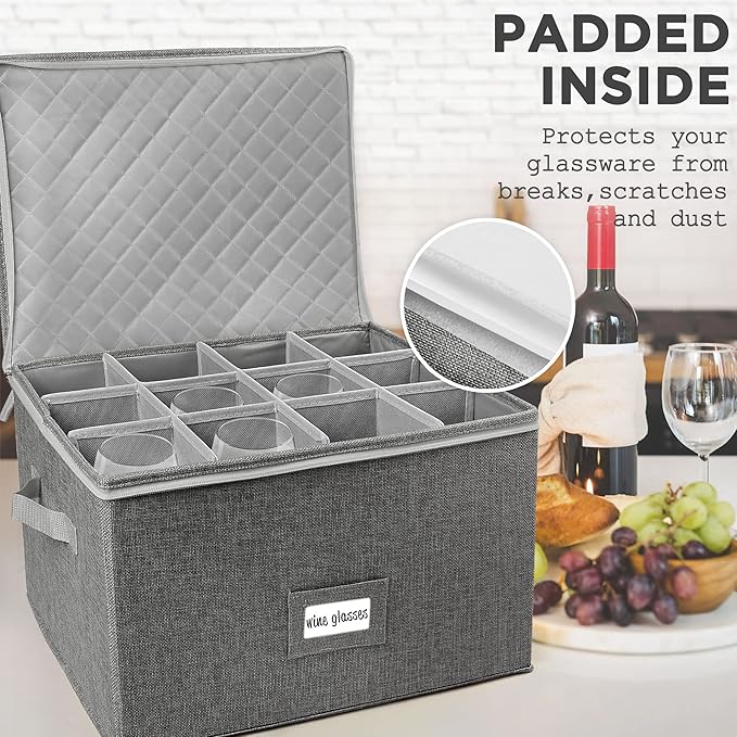 LotFancy Stemware Storage Container, Hard Shell, Stackable Wine Glass Storage Box with Dividers & Handles, Crystal Glassware, Champagne Flute, Drinkware Case for Moving, Grey - Image 6