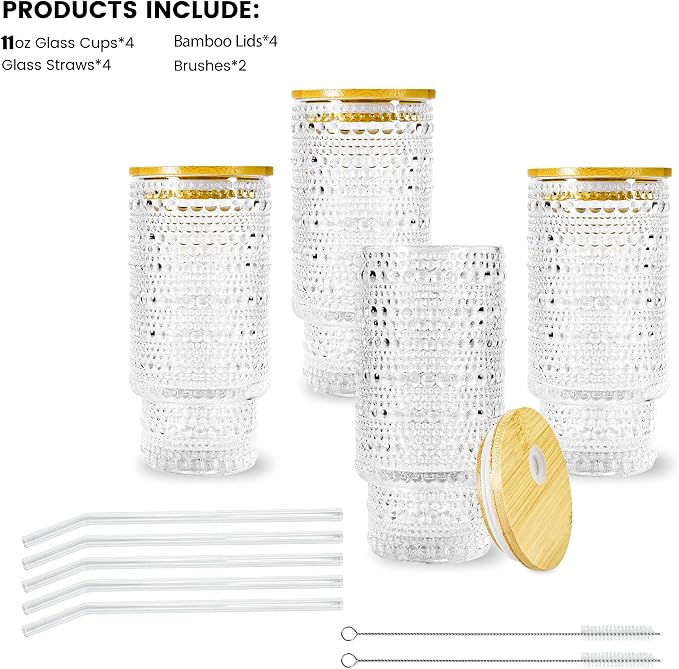 4 Pcs 11 oz Drinking Glasses Cups Set with Bamboo Lids Straws Brush Small Drinking Glassware Set for Juice Iced Coffee Cocktail Whiskey(Hobnail*4) | Vintage Iced Coffee Cup with Bamboo Lid, Cute Stackable Glassware for Cocktail Juice Matcha Smoothie Ho... - Image 7