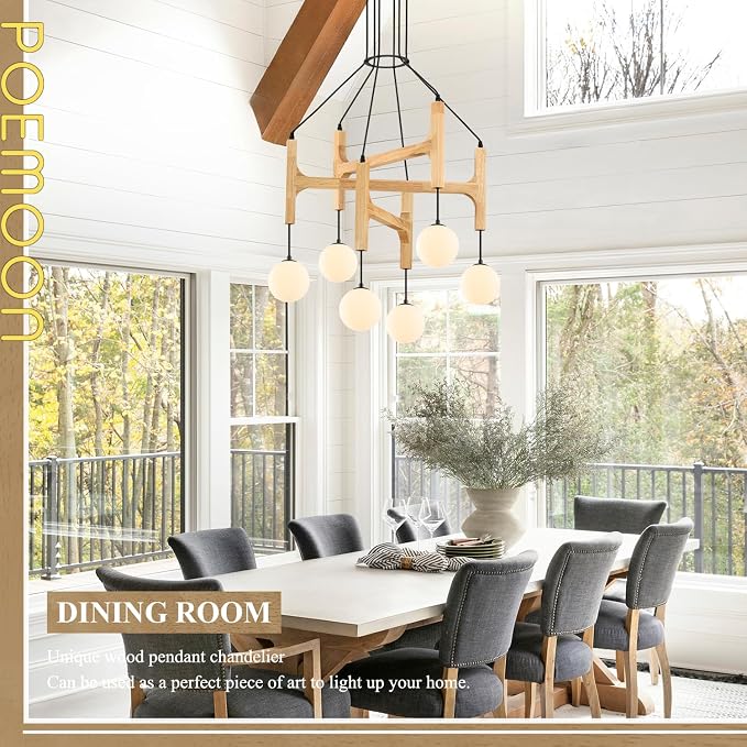 Wooden Chandeliers L28 '' Natural Farmhouse 6-Light Milk Glass Pendant Light Rustic Mid Century Long Hanging Lighting for Living Dining Room Entryway Foyer Bedroom Kitchen,G9 - Image 2