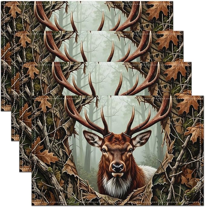 Feelyou Elk Deer Placemats Set of 4 Camo Table Mats Jungle Leaves Plants Place Mat for Kitchen Dining Table Party Decor Indoor Outdoor 18"x12" Non-Slip Easy to Clean Wildlife by Feelyou