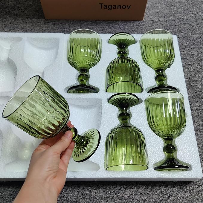 Taganov Green Water Glasses Drinking Wine Goblet set of 6 Vintage Glassware Colored Stemware 11 ounce for Wedding Party Bar Vertical Embossed Pattern Stemmed Cups 330 ml - Image 3