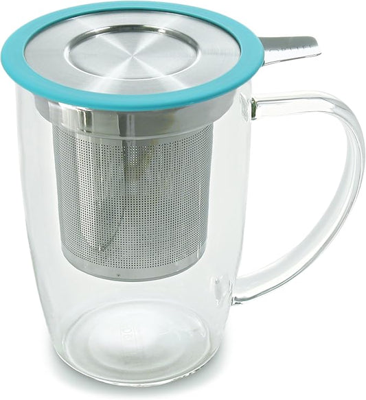 FORLIFE NewLeaf Glass Tea 16-Ounce Mug with Infuser and Lid, Turquoise