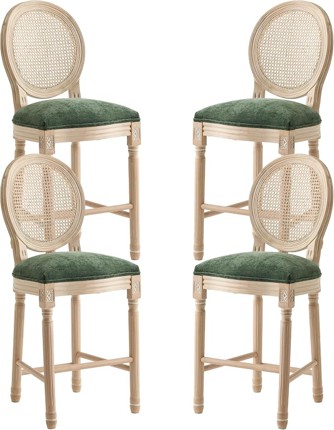 French Country Barstool, Linen Farmhouse Counter Height Chair | Set of 4, with Rattan Round Back and Solid Wood Legs, Oval Chairs for Restaurant, Bar, Kitchen, Café, Green by RCDDFurniture