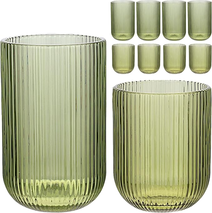 Set of 8 Ribbed Glassware,4 Highball Glasses 14oz & 4 Rocks Drinking Glasses 9oz, Green, Origami Style, Fluted Design, for Milk, Water, Cocktail, Juice, Beer, ToothBrush Cup, Gift by WeirdUncle