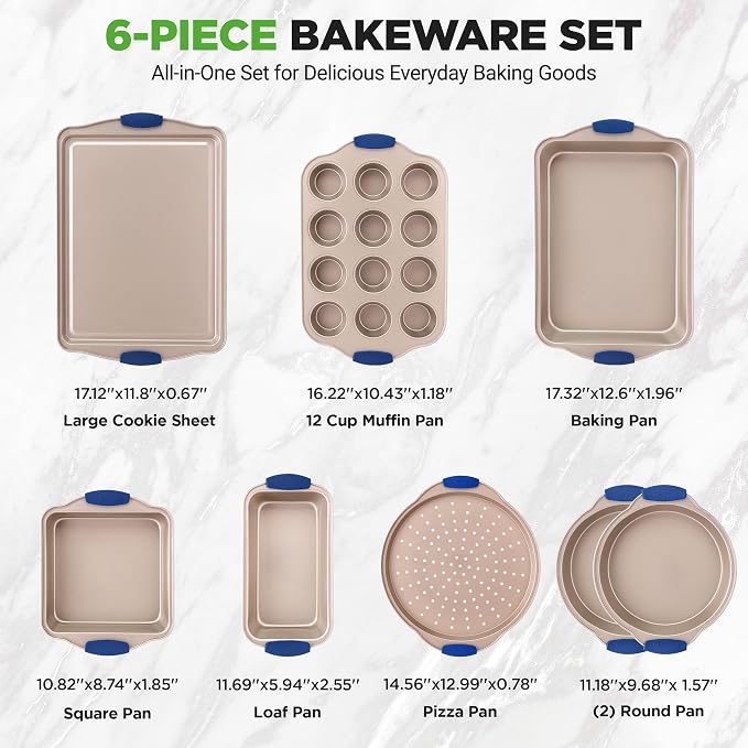 NutriChef 8-Piece Nonstick Bakeware Set - Heavy Duty Carbon Steel Baking Pans w/ Blue Silicone Handles - Pizza Crisper, Muffin & Loaf Pan, Round & Square Pans, Cookie Sheet - Champagne Gold - Image 4