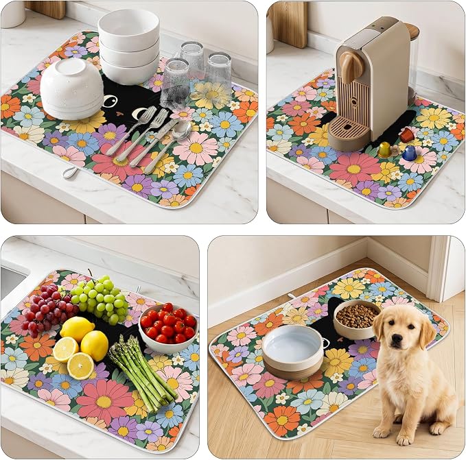 Black Cat Floral Dish Drying Mat for Kitchen Counter Coffee Bar 18x24 in | Non Slip Absorbent Kitchen Dishes Drainer Mat, with Anti-slip Rubber Backing & Hanging Loop, Decor for Sink, Cat Theme Gifts - Image 8