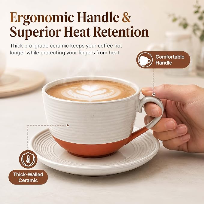 12 Oz Cappuccino Cups with Saucers, Coffee Cups Set of 4, Ceramic Tea Cup and Saucers, Wide Mouth Coffee Mugs for Latte Art, Cappuccino, Espresso & Cafe Drinks, Microwave Dishwasher Safe - Image 4