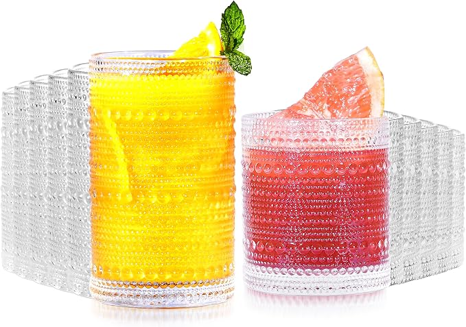 Vintage Hobnail Drinking Glasses Set of 12-14 oz Old Fashioned Water Glass Cups & 11 oz Cocktail Glasses, Aesthetic Kitchen Bar Tumbler Glassware Gifts Sets for Smoothie, Juice, Coffee, Wine by Lvtrupc