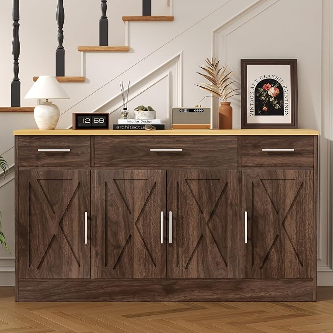 Vongrasig 53' Large Sideboard Cabinet with 4 Doors and 3 Drawers, Farmhouse Buffet Table Coffee Bar Kitchen Storage Cabinet, Wood Cabinet for Kitchen, Dining Room, Rustic Brown - Image 3