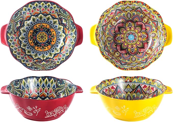 Henten Home Bohemia Large Bowls with Handle, 49 oz Ceramic Soup Bowl Set of 2, Porcelain Pho Bowl, Floral Noodle Bowls Set for Kitchen, Ramen, Udon, Microwave & Dishwasher Safe by HentenHome