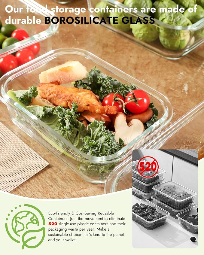 12-Pack Glass Containers with Tempered Lids – Borosilicate, Oven-Safe(-4°F~950°F), Airtight, BPA-Free, Multi-Size for Meal Prep, Dishwasher Safe, 1.6 cups to 6.4 cups (Pink) - Image 7
