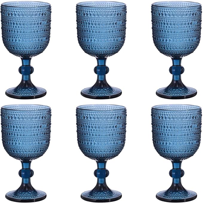 Taganov Glasses Drinking Wine Water Goblets Glassware set of 6 Vintage Stem Glasses Stemware 12 Ounces for Wedding Party Bar Twill Pattern Striped 350 ml (Blue) by Taganov