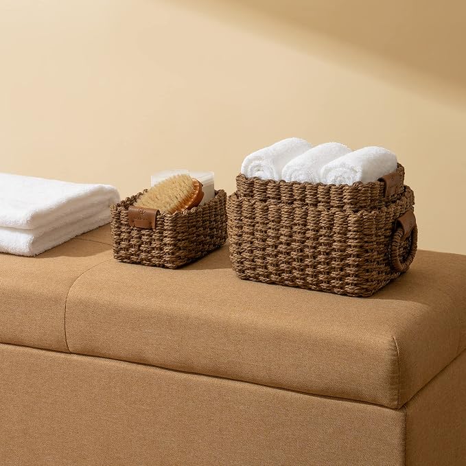 LA JOLIE MUSE Small Wicker Baskets for Organizing, Brown 3 Pack | Decorative Organizer with Vegan Leather Tag, Round Handle, Storage Baskets for Shelves, Bedroom, Kitchen, Office and Home - Image 3