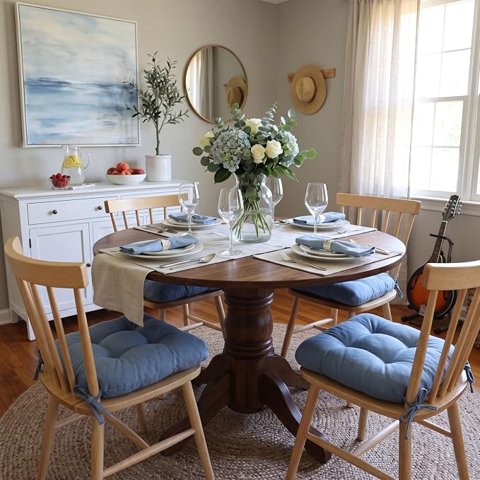 Barnett Home Decor Extra-Thick Dining Chair Pad with Ties - Solid Color Cotton Duck - Reversible, Latex Fill, Tufted Cushion - Bluebell - Image 2