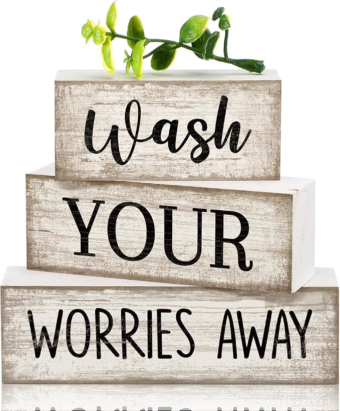Moucuny 4 Pcs Farmhouse Laundry Room Decor Stacked Blocks Wash Your Worries Away Sign Funny Bathroom Shelf Decor and Accessories Rustic Eucalyptus Leaves Block Signs for Home Bathroom Toilet Washroom by Moucuny