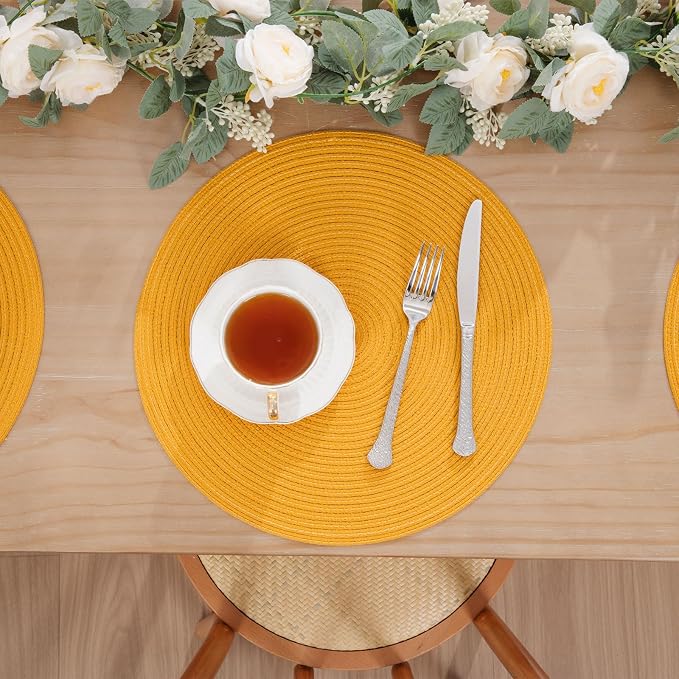 SHACOS 15 inch Round Braided Placemats Set of 6 Non Slip Washable Kitchen Table Place Mats Cotton Polyester Heat Resistant Table Mats for Home Wedding Dinner Party Table Decor, Mustard Yellow - Image 4