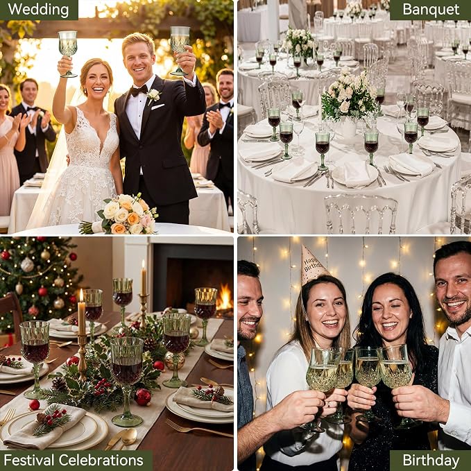 Sliner 48 Pcs 7oz Plastic Vintage Wine Glasses Drinking Goblets Unbreakable Crystal Water Glassware Reusable Diamond Champagne Flutes Cups for Wedding Banquet Birthday Party Supplies (Green) - Image 6