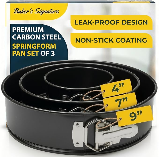Springform Pan Set of 3, Nonstick Cheesecake Pans 4/7/9" Carbon Steel | Leakproof cake molds with removable bottom & secure latch; even-heat, oven-safe to 450°F by BakersSignature