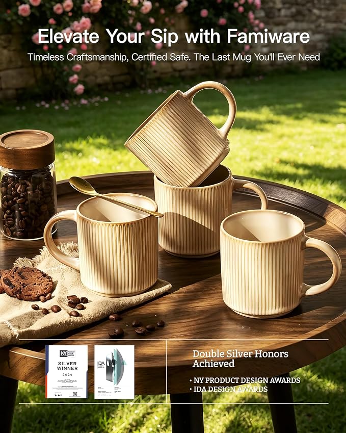 famiware Coffee Mug Set for 4, Star 12 oz Catering Mugs Cup Set with Handle for Coffee, Tea, Cocoa, Milk - Ceramic Stoneware Drinkware Set, Cream - Image 5