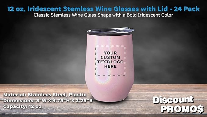 Custom Palmera Stemless Wine Tumblers with Lids 12 oz. Set of 24, Personalized Bulk Pack - Perfect for Wine, Cocktails, Other Hot & Cold Beverages - Iridescent Pink