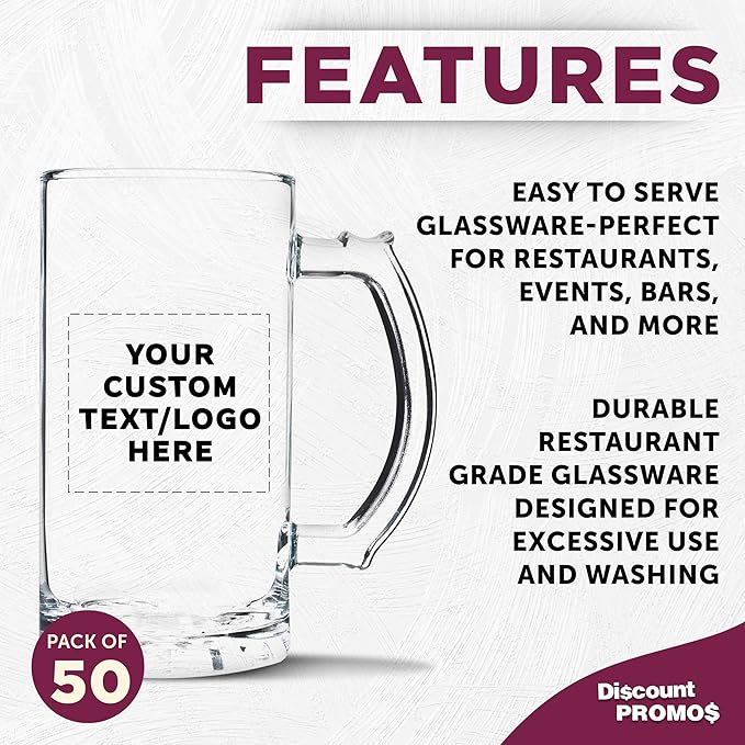 DISCOUNT PROMOS Custom Glass Beer Mug 16 oz. Set of 50, Personalized Bulk Pack - Great for Wedding Favors, Groomsmen Gifts, Birthday Gifts - Clear Bottom Color