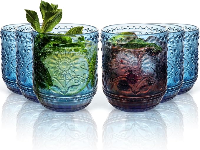 Topsky Vintage Drinking Glass Set of 6,12 oz Embossed Floral Decorative Glassware Set,Glass Cups Wine Glasses Beverages Tumblers Colored Glassware for Whisky,Beer,Juice,Cocktail,Heavy Duty - Image 9