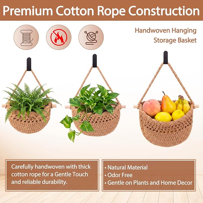 Honeydak Boho Decor Hanging Wall Baskets for Kitchen 3 Pack Teardrop Baskets with Hooks Storage Fruit Onion Vegetable Potato for Home(Dark Brown,Lace,Cotton Rope) - Image 7