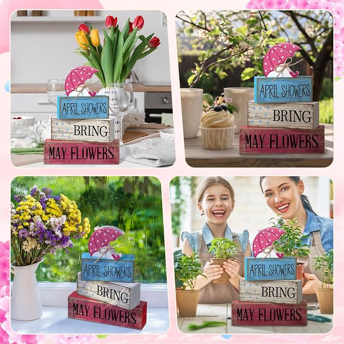 Moucuny 4 Pcs Spring Summer Decorations for Home Wooden Umbrella Tiered Tray Decorations Summer Centerpieces for Tables Farmhouse Decorative Umbrella Faux Stack Block Sign for Home Shelf Decor - Image 4