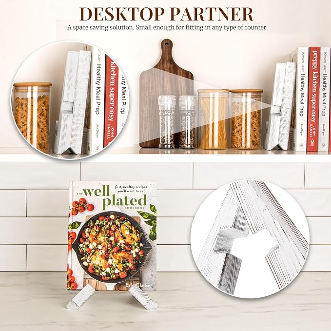 PUERSI Cookbook Stand for Kitchen, Recipe Book Holder for Kitchen Counter | Wooden Cookbook Holder, Rustic Cook Book Holder Stand - Farmhouse White - 1 Set - Image 4