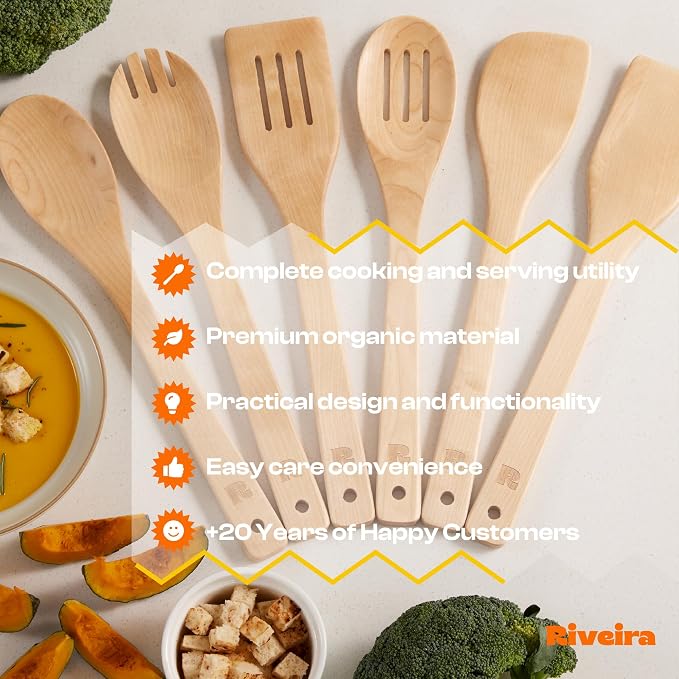 Riveira Maple Wooden Spoons for Cooking Set of 6 – Natural Maple Wooden Cooking Utensils, Wooden Spatula, Wooden Spoon - Premium Quality Utensil Set for Non-Toxic Cooking - Image 7