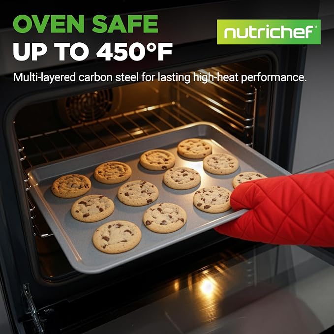 NutriChef 2-Piece Nonstick Cookie Sheet Baking Pan Set - Premium Bake Trays w/ Sleek Non-Stick Coating PFOA, PFOS, & PTFE Free - Large (15"x11") & Medium (13"x9") - Dishwasher Safe - Image 2