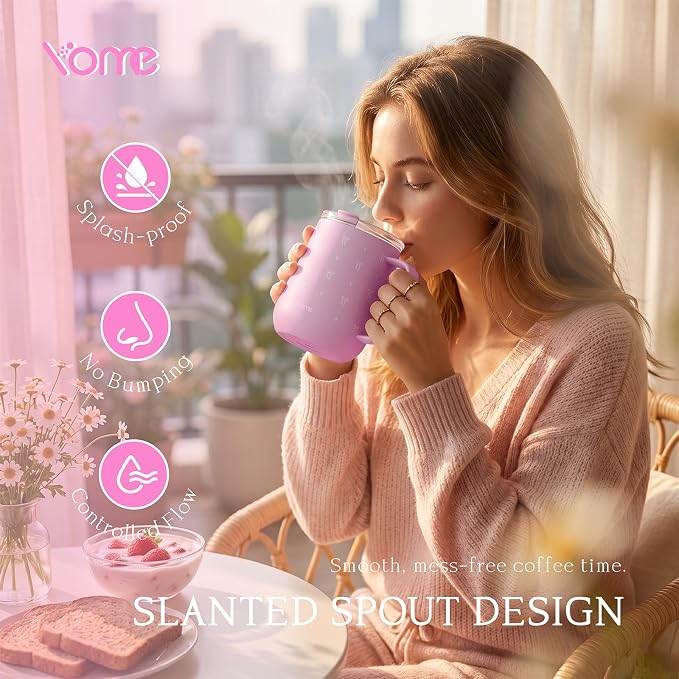 YOME 10oz Elegant Bow Pink Insulated Coffee Mug with Handle for Women | Ceramic Lined Coffee Mug with Splash-Resistant Lid| Pure Taste Stainless Steel Coffee Cup | Easy to Clean | Keeps Drinks Cold - Image 2