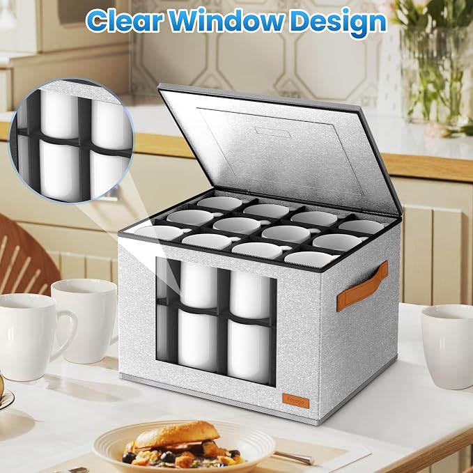 Foyego Cup and Mug Storage Box with 24 Dividers, Light Grey, 2-Layer | with Lid, Visible Window, Soft Handles, for Packing and Moving, Stackable Storage Containers for Coffee Mug Cups and Glasses - Image 4