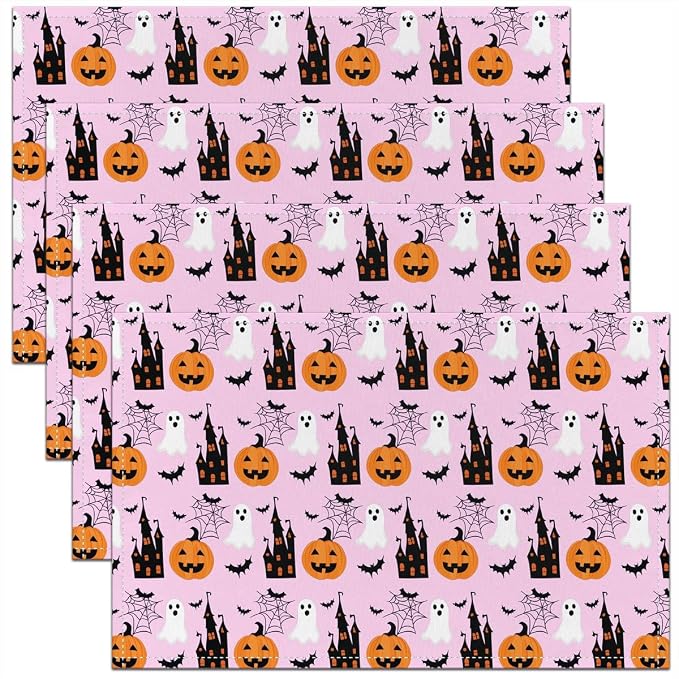 Feelyou Happy Halloween Placemats Set of 4 Cute Ghost Pumpkin Table Mats Pink White Black Place Mat for Kitchen Dining Table Party Decor Indoor Outdoor 18"x12" Non-Slip Easy to Clean Bats Cobweb by Feelyou