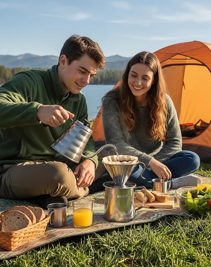 AGOGO Portable Pour Over Coffee Maker V60 Set - Easy Cleaning Compact 304 Stainless Steel Dripper for Camping & 50 Filters Paper & Cleaning Rag Silvery 20 oz