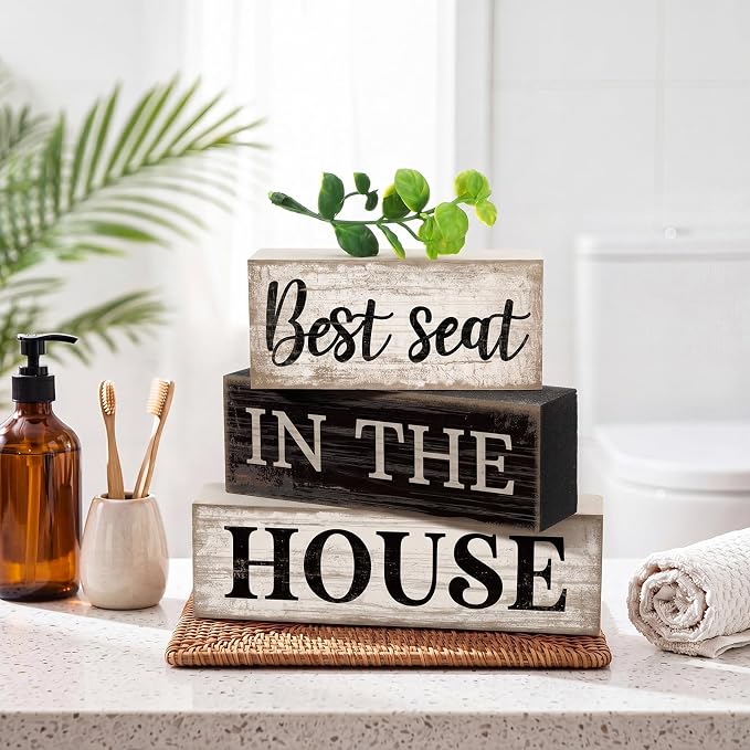 Moucuny 4 Pcs Bathroom Shelf Decor Signs Farmhouse Best Seat in the House Bathroom Decor and Accessories Rustic Eucalyptus Leaves Sign Gift Best Seat in the House Farmhouse Centerpiece for Home Toilet - Image 2