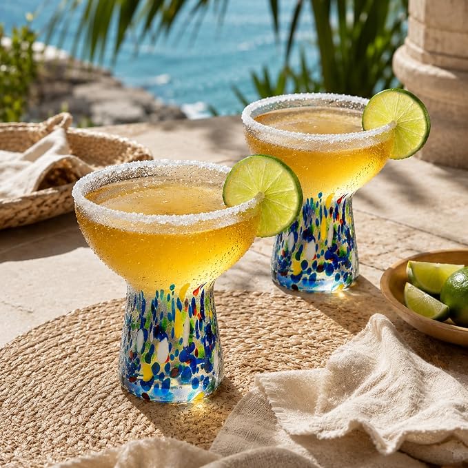 Large Stemless Hand Blown Confetti Margarita Glasses - 14 oz - Set of 2 | Colorful Artisan Glassware, Perfect for Margaritas, Martinis, Wine, Cocktails & Champagne, Great for Cinco de Mayo & Parties - Image 2