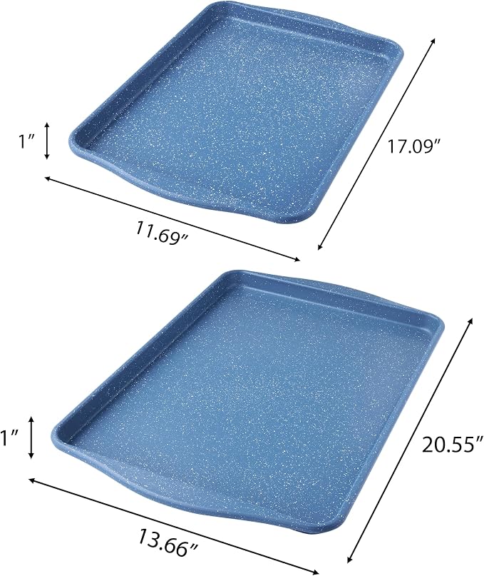 Set of 2 Blue Speckle Nonstick Carbon Steel Baking Cookie Sheet Pans, 11 x 15 & 13 x 18 Inch Oven Safe Bakeware Trays for Cookies, Pastries & Vegetable Roasting - Image 5