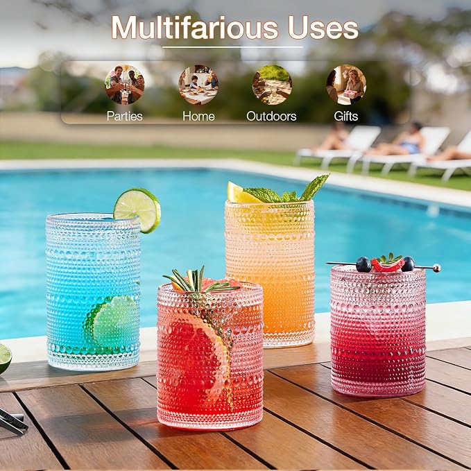 Hobnail Drinking Glass Set of 8, 4 Highball Glasses 15oz,4 Rocks Glass 12oz | Mixed Drink Cocktail Glass, Vintage Embossed Glassware Sets for Whiskey,mocktails, Water & Juice Drinkware - Image 2