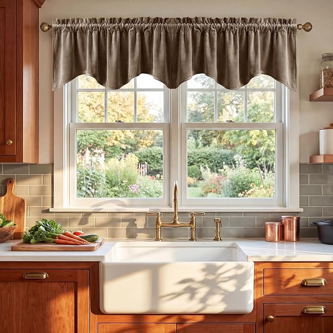 Taupe Scalloped Valance for Windows 52x18 Inch 1 Panel | Earth Tone Wavy Kitchen Curtains, Modern Neutral Window Treatment for Living Room, Bathroom, Rod Pocket by StangH