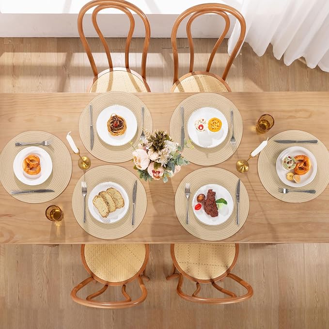 SHACOS 15 inch Round Placemats Set of 8 for Dining Table Cotton Polyester Braided Place Mats Washable Kitchen Table Mats for Dinner Party Table (Light Beige, 8) - Image 2
